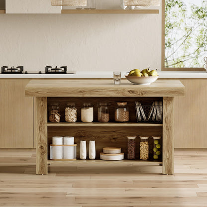 LITTLE TREE 55 Inches Kitchen Island with Storage, 3-Tier Farmhouse Wooden Stationary Island Table with Large Worktop & Leg Room, Modern Coffee Bar Table with Storage Shelf for Kitchen, Oak