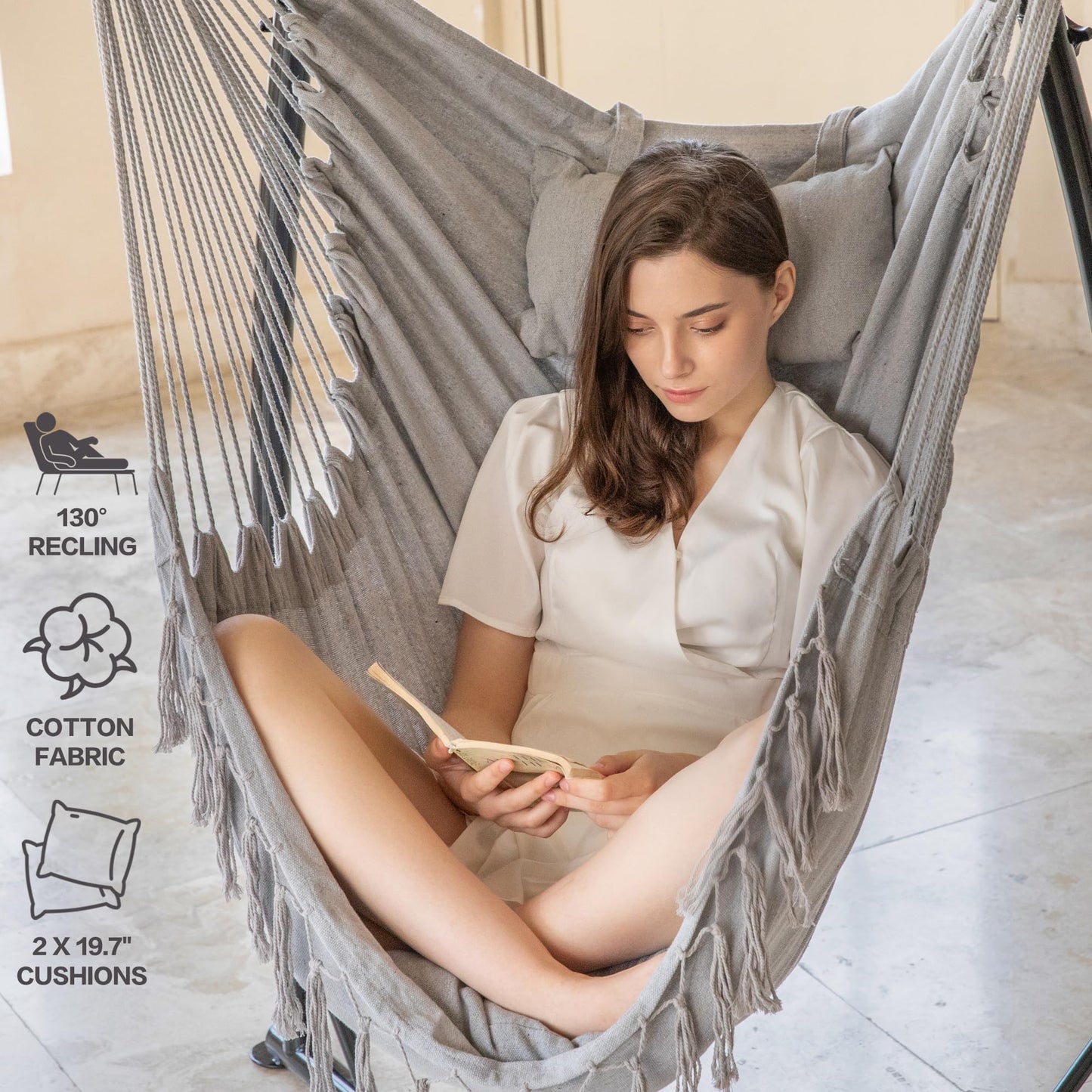 PNAEUT Hammock Chair with Stand Indoor Outdoor, Hanging Chair, Egg Swing Chair with Patented Adjustable Pillow, 2 Cushions, Bag, for Bedroom Balcony Patio, 350lbs Capacity (Light Gray)