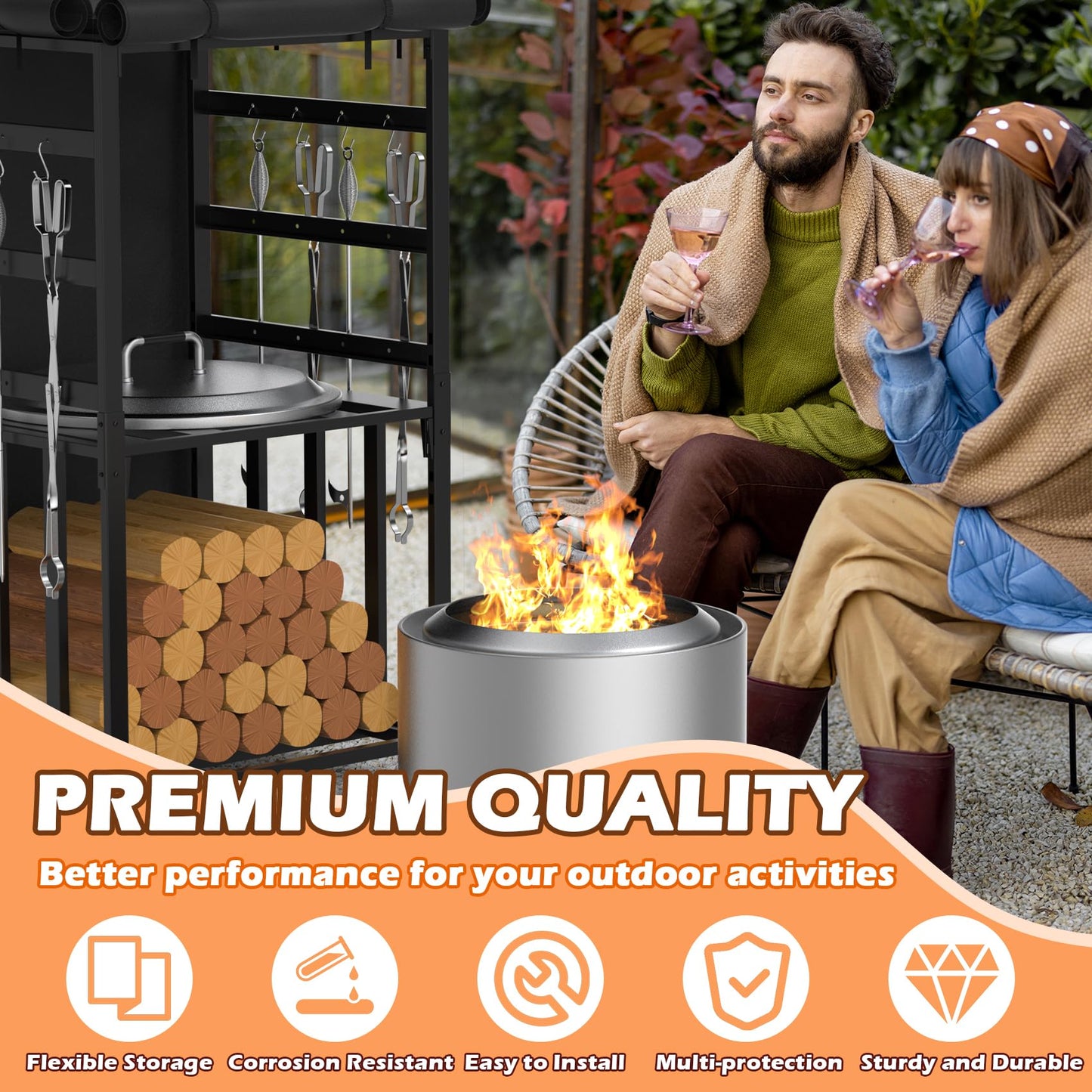 MOASKER Firewood Storage Rack for Solo Stove Bonfire Ranger Yukon Fire Pit Accessories, Black Steel with Powder Coated Finish, Adjustable Shelves, Waterproof Cover, 29.9" x 25.6" x 52.9"