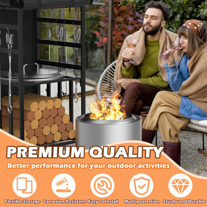 MOASKER Firewood Storage Rack for Solo Stove Bonfire Ranger Yukon Fire Pit Accessories, Black Steel with Powder Coated Finish, Adjustable Shelves, Waterproof Cover, 29.9" x 25.6" x 52.9"
