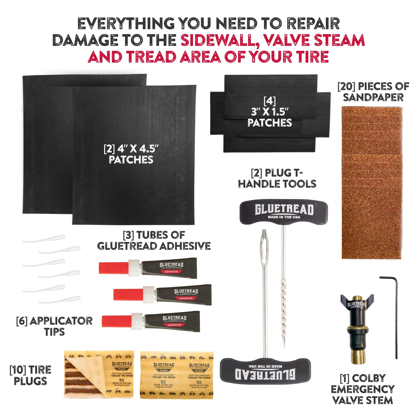 GlueTread Complete Off-Road Tire Repair Kit - Fix Sidewall Damage and Punctures - Includes Heavy Duty Tire Patch Kit, Plugs & Colby Emergency Valve Stem - Enhanced Rubber Formula, Fast Setting
