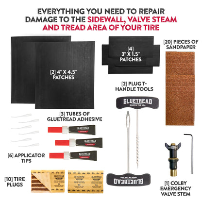 GlueTread Complete Off-Road Tire Repair Kit - Fix Sidewall Damage and Punctures - Includes Heavy Duty Tire Patch Kit, Plugs & Colby Emergency Valve Stem - Enhanced Rubber Formula, Fast Setting