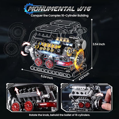 JMBricklayer 3-in-1 Mini Engine Model Car Kits that Runs V8 V12 W16 Engine Kits for Adults &amp Teens Physical Science Experiment STEM Toy Collectible Engineering Gifts for Car Lovers 840PCS