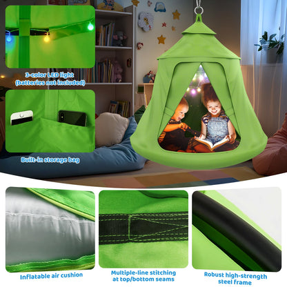 Swing Set with Tent Swing, X-Shaped Swing Frame with Sensory Swing, Tent Swing with Swing Stand, Hammock Chair with Stand, 330 lbs Capacity, w/Rainbow Lights String, Indoor/Outdoor Use(Green)