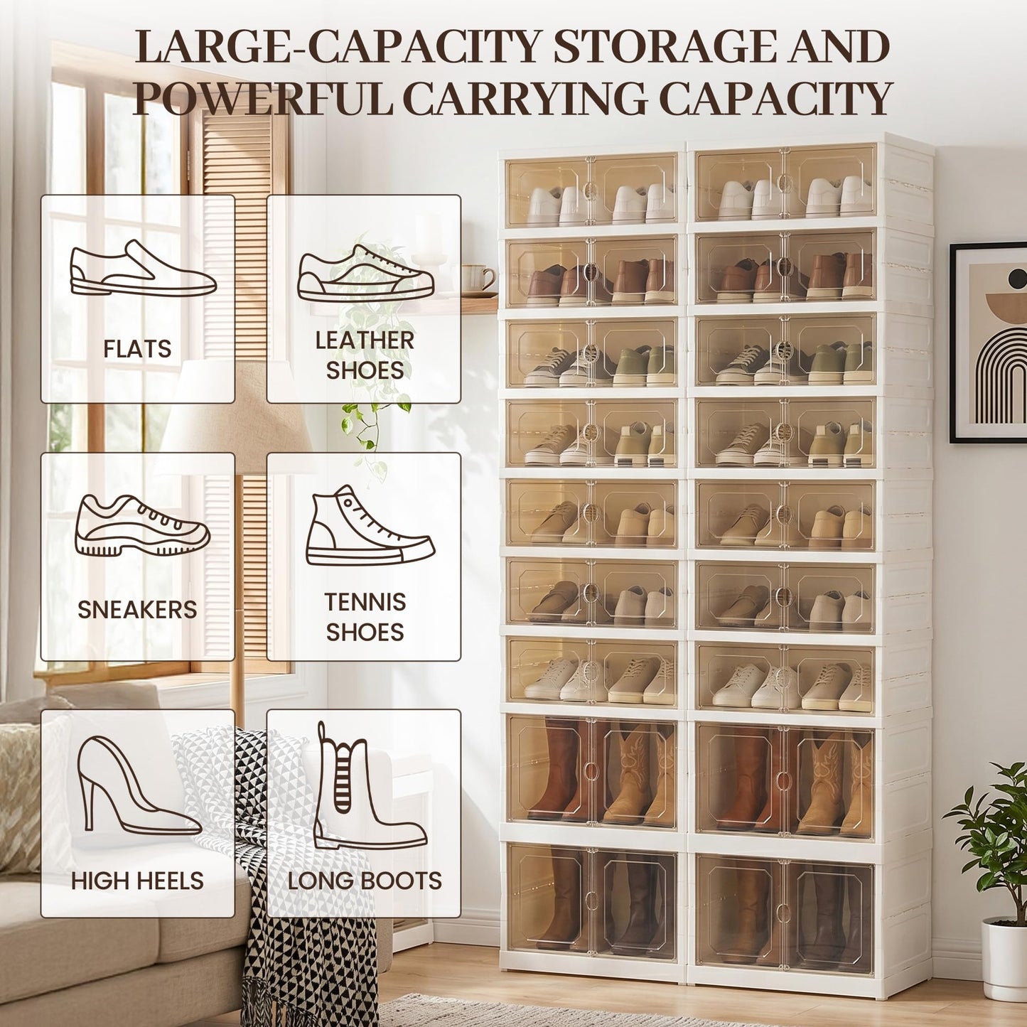 Tykacna Foldable Shoe Rack Organizer with Magnetic Clear Doors, 9 Tier Collapsible Shoe Storage Cabinet, Large Plastic Portable Shoe Box with Wheels for Closet, Entryway, Bedroom, Fits 18 Pairs