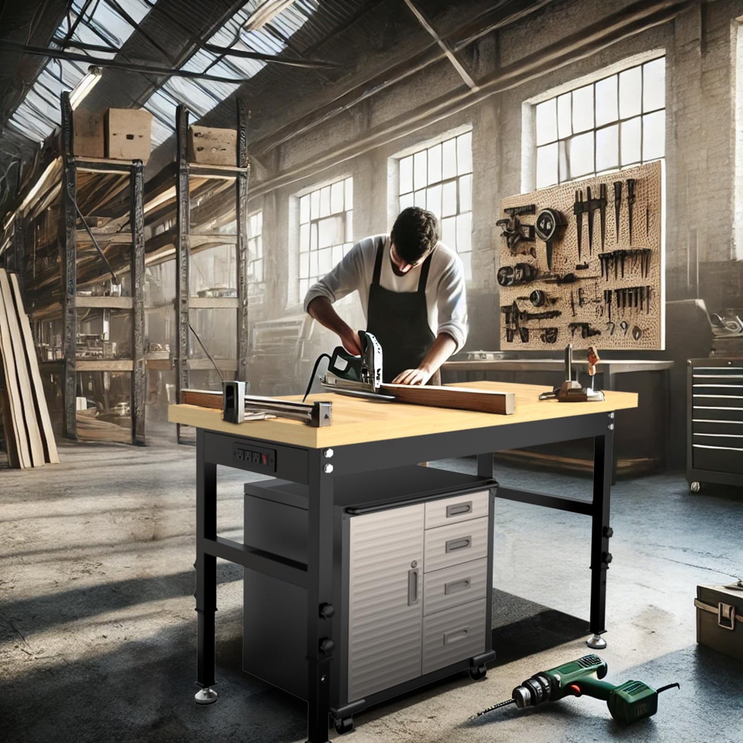 48” Chipboard Wood Work Bench Work Table, Heavy-Duty Adjustable Workbench with Power Outlets, 3000 Lbs Capacity Tool Bench Workstation for Garage, Workshop