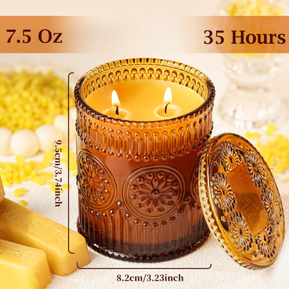 2-Wick Beeswax Candles in Jar, Natural Beeswax Candles in Amber Glass for Air Purification, Honey Aroma Jar Candle for Home Scented Decor, Gift for Women & Men, Fragrance Free, Paraffin Free