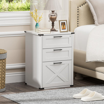 Onelike Small Wood File Cabinet with Lock, Nightstand with Charging Station, 3 Drawer Under Desk Lateral Filing Cabinets for Home Office, Printer Stand with Storage, White