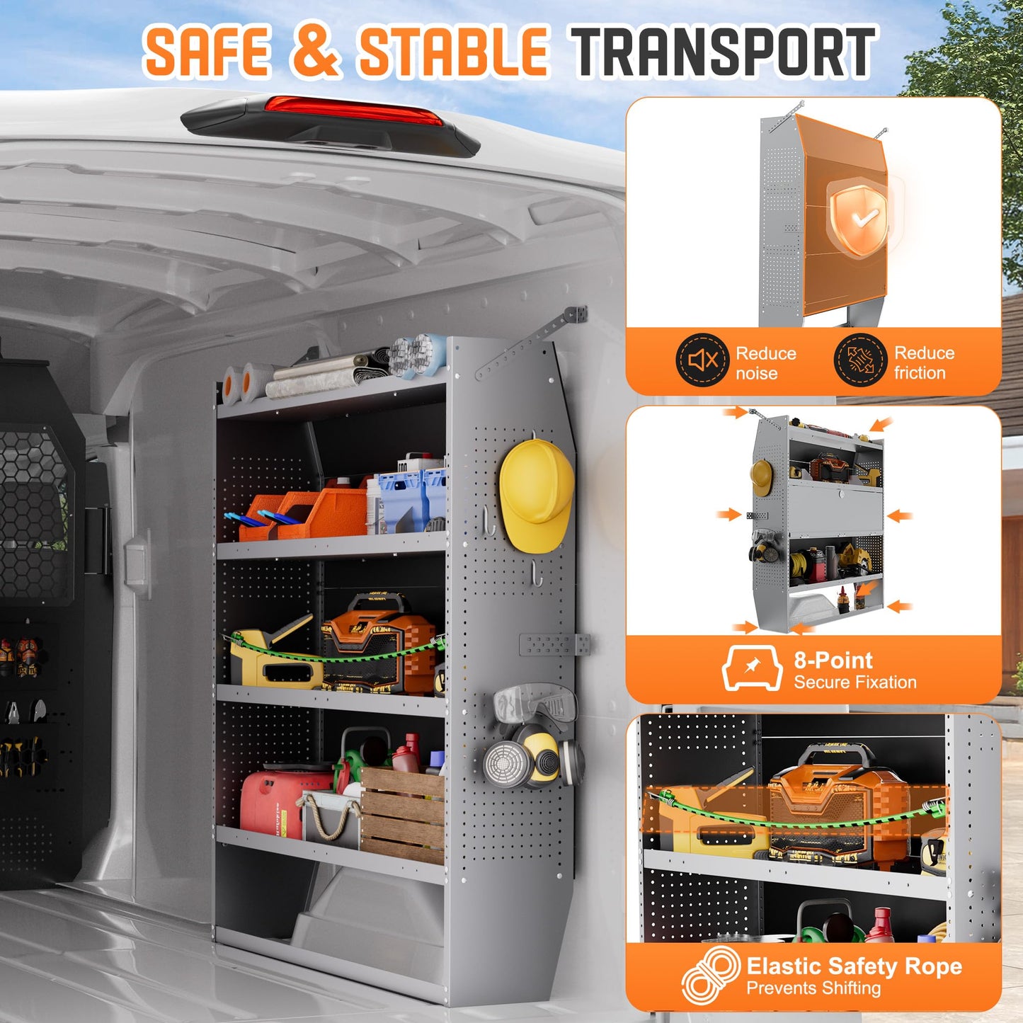 Cargo Van Shelving with Lockable Door Kits,Fit Transit, Nv, Promaster,Sprinter Mid/High Roof,Adjustable Heavy-Duty Steel Van Shelving Storage System W/Hooks & Ropes,52" W X 60" H X 13" D