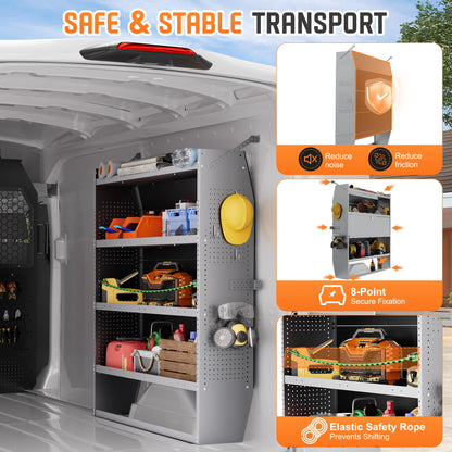 Cargo Van Shelving with Lockable Door Kits,Fit Transit, Nv, Promaster,Sprinter Mid/High Roof,Adjustable Heavy-Duty Steel Van Shelving Storage System W/Hooks & Ropes,52" W X 60" H X 13" D