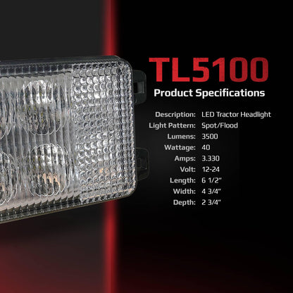 TIGERLIGHTS TL5100 LED Headlight 12V Compatible With/Replacement For John Deere 1025R, 1026R, 2025R, 2027R, 2032R, 2036R, 2038R, 2320, 2520 Flood/Spot Combo Off-Road Light