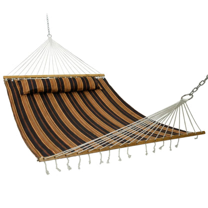 Sunnydaze Quilted Double Hammock for Outside with Spreader Bars and Pillow - 450 lb Capacity, 74x55 Inch Bed, UV Resistant, Quick Dry - Chains Included, Stand Sold Separately - Woodland Stripe