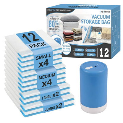 Cozy Essential Travel Vacuum Storage Bags with Rechargeable Cordless USB Pump, Space Saver Bags for Luggage, Suitcase, Carry-On, for Clothes, Blankets, Bedding & Seasonal Storage,12 Combo