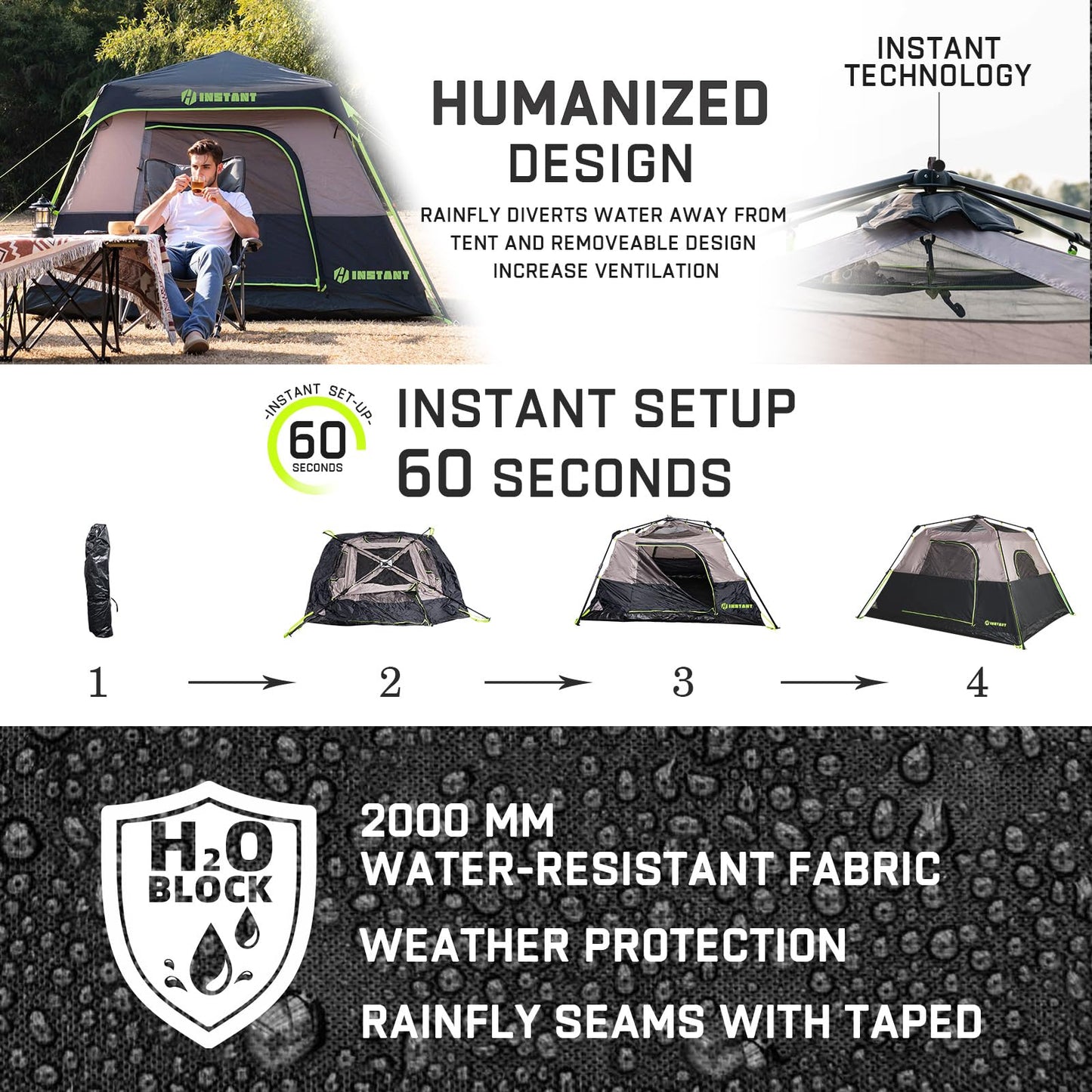 HINSTANT 4/6/8/10 Person Instant Tent, Waterproof Pop Up Tents for Camping with Rainfly, 60 Seconds Easy Setup, Automatic Cabin Tent for Family Camping with Expandable Carry Bag & Upgraded Ventilation