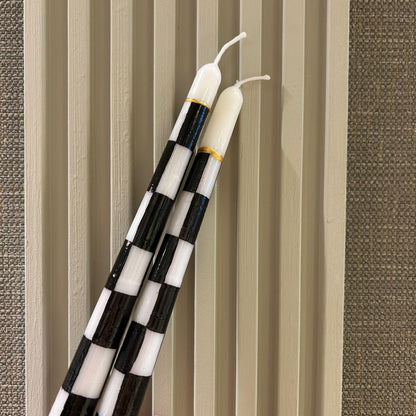 %100 Handmade Decorative Hand Painted Taper Candles, 2 Pack | Full Checkered Black & White | for Dinner Table and Interior Decoration,Gift for Celebration Decoration