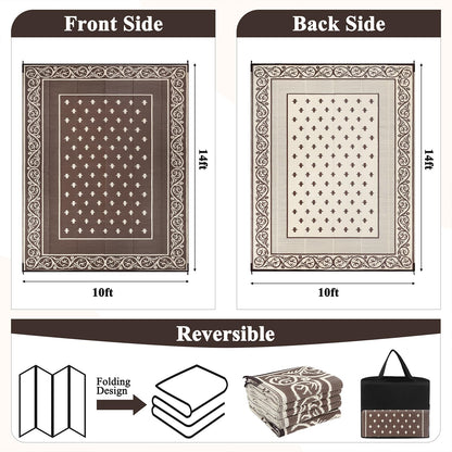 Pauwer Waterproof Outdoor Rug 10x14, Reversible Plastic Straw Patio Camping Rug, Indoor Outdoor RV Mat Carpet for Deck, Camper, Porch, Balcony, Backyard, Picnic, Bordered Brown