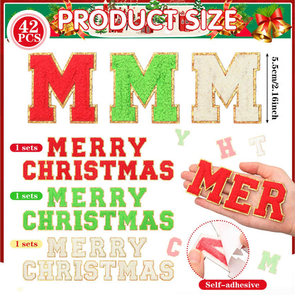 Suncalla 42 Pcs Merry Christmas Self Adhesive Red Green White Iron on Patches 2.1 Inch Sew on Chenille Letter Xmas Chenille Embroidered Applique Patches for Crafts DIY Decor