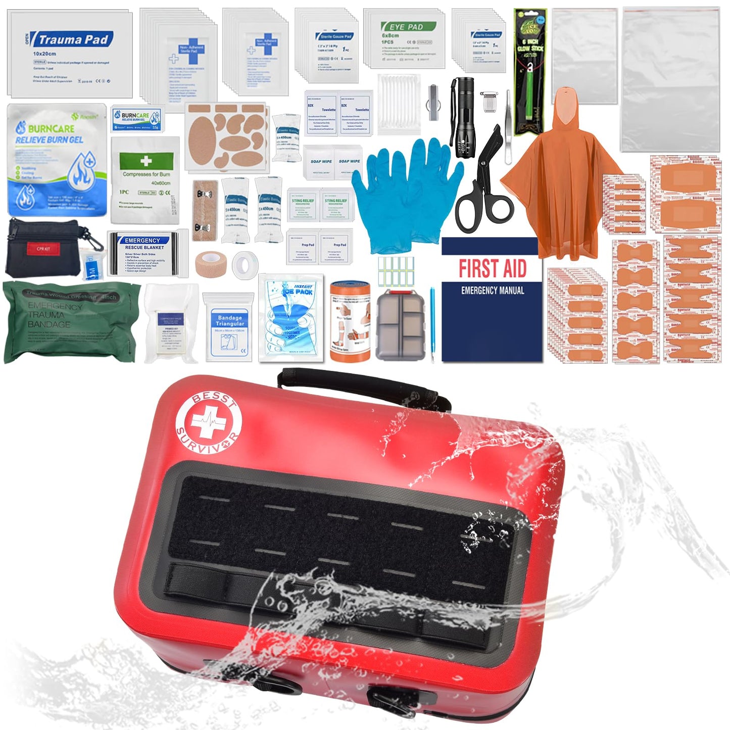 Besst Survivor Waterproof First Aid Kit -Complete Trauma Gear With Labeled Storage, MOLLE System&CPR Kit, Practical Medical Kit For Boating, Marine, Camping, Hurricane, Vehicle And Household Emergency