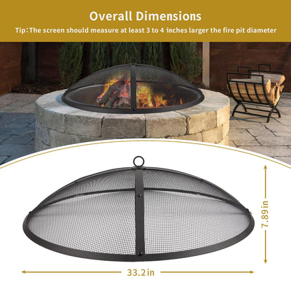 32Inch Heavy Duty Steel Fire Pit Spark Screen Cover,Outdoor Round Patio Mesh FirePit Screens Guard,Domed Fire Pit Ember Lid with Handle