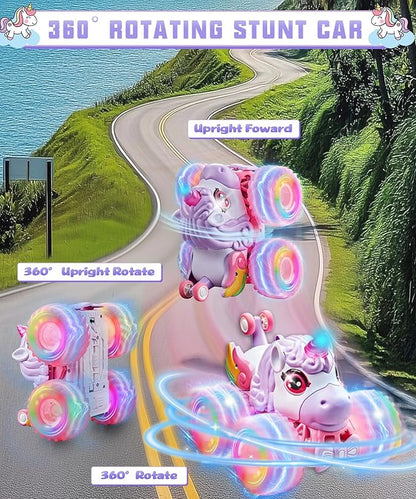 Remote Control Car Unicornios Trucks with Lights and Music360°Rotating 4WD Stunt RC Cars Toys for Girls 2.4 GHz Rechargeable All Terrain RC Toys Presents for Girls Age 3-10 (With Storage Bag)
