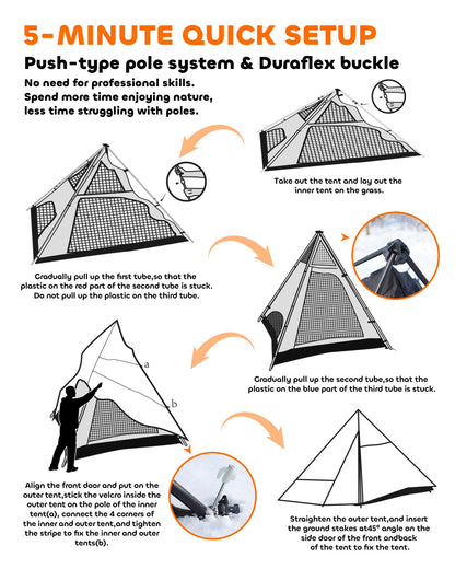 Teepee Camping Tent, 4-6 Person with Snow Skirt, Quick Setup 4 Season Double Layer Waterproof Anti-UV Windproof, for Family Outdoor, Hunting, Backpacking & Hiking, Heavy Duty All-Weather Shelter