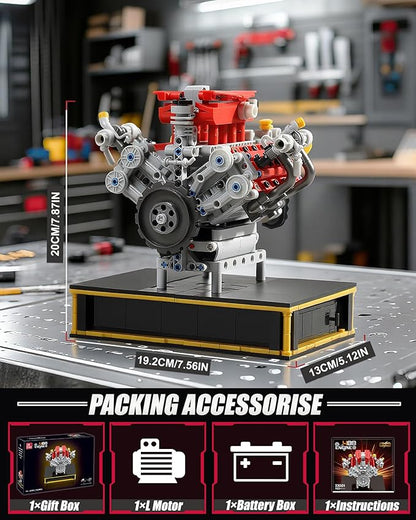 Mini V8 Engine Kits That Runs Build Your Own V8 Engine Building Set with Motor and Battery STEM Physical Science Educational Toy for Adults Kids Age 14+ (1123PCS)