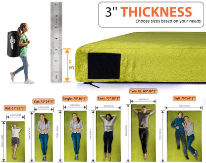 Gaialoop 3 Inch Memory Foam Camping Mattress, Dual Layer Thick Sleeping Camp Pad for Car Tent Cot, Roll-Up Portable Glamping Floor Bed for Guests Sleepover[Twin XL: 80 * 38 * 3"]