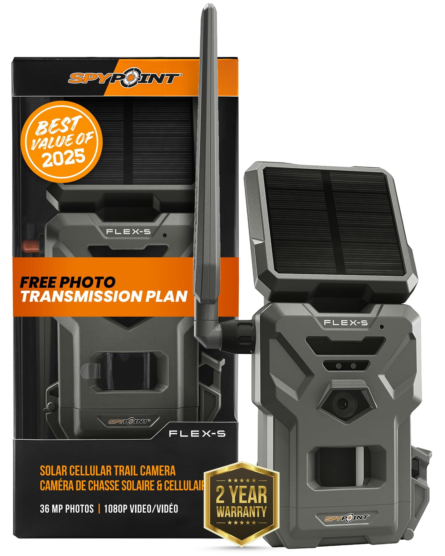 SPYPOINT FLEX-S Solar Outdoor Cellular Trail Camera - Integrated Solar Panel, No WiFi Needed, Hunting & Game Camera with Night Vision Motion Activated, Dual-Sim LTE, 36MP Photos, 1080p Videos + Sound