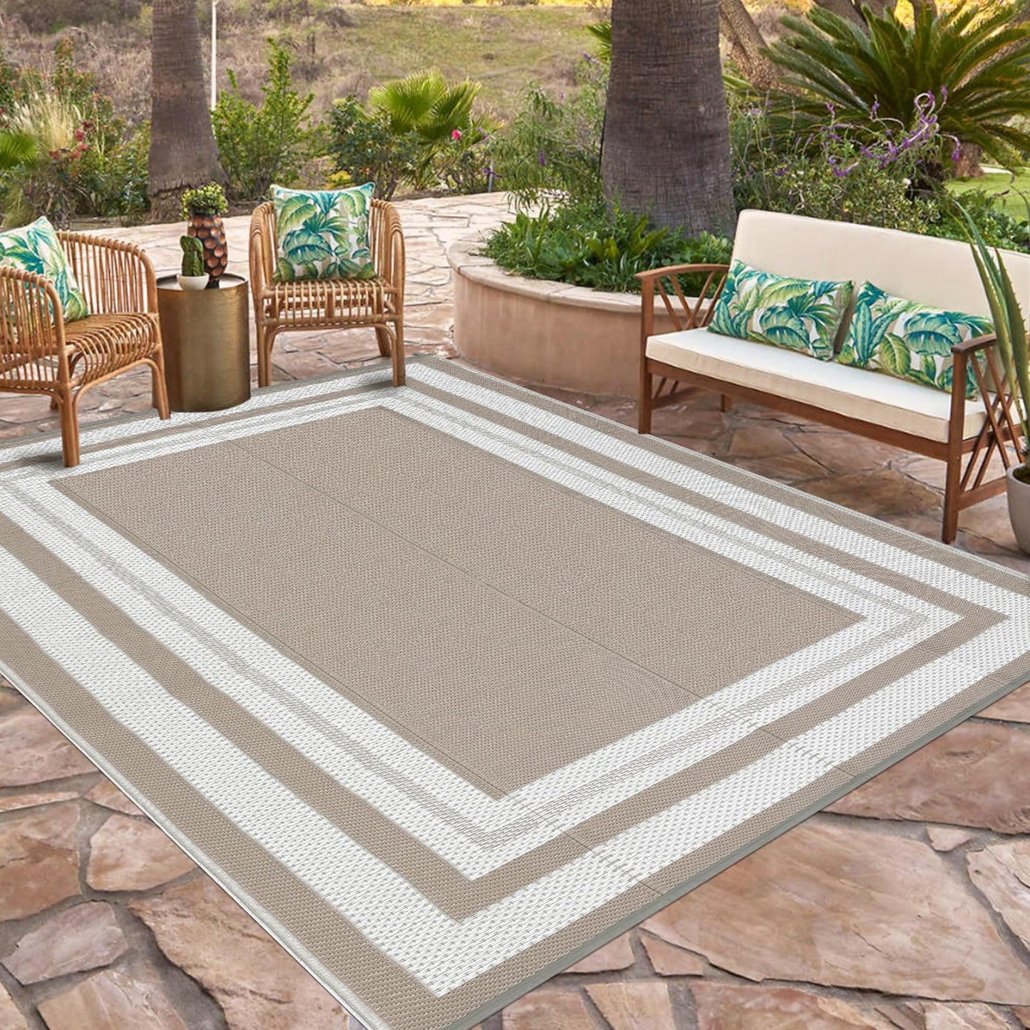 GarveeHome Outdoor Patio Rug 10x20 Plastic Straw Rug Waterproof Large Outdoor Rugs Reversible Portable Camping Rugs Lightweight Floor Mat for RV Porch Balcony Patios Picnic Outside Grey Beige Panel