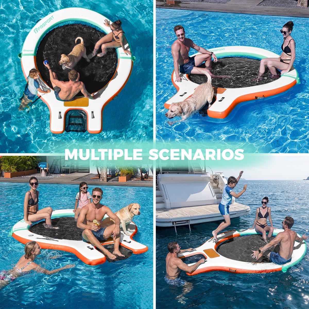 FBSPORT Inflatable Water Hammock Floating Dock with Boat Ramp,Round Floating Ring Inflatable Raft with Cup Holders, Sun Float Chill Tanning Pool Lounger Platform for Lake