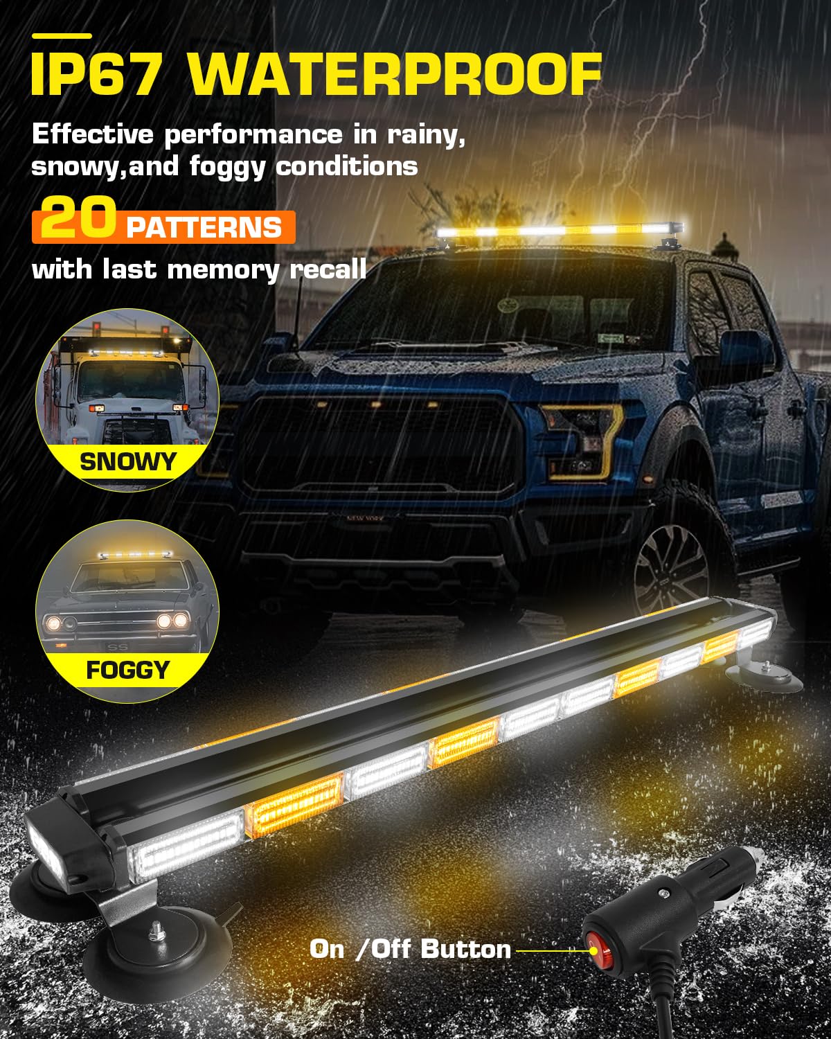 LRTER 42inch 206 LED Rooftop Emergency Strobe Light Bar Flashing Safety Lights w/Controller Traffic Advisor Warning Hazard Light for Trucks Vehicles Construction Tow Pickup Snowplow Amber White