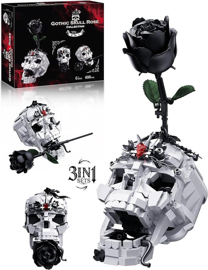 Skull Black Rose Flower Building Set 3 in 1 Gothic Horror Decor Botanical Artificial Flowers Collection Toys Ideal Home Office Decoration &amp Christmas Valentine's Day Gifts for Adults Women