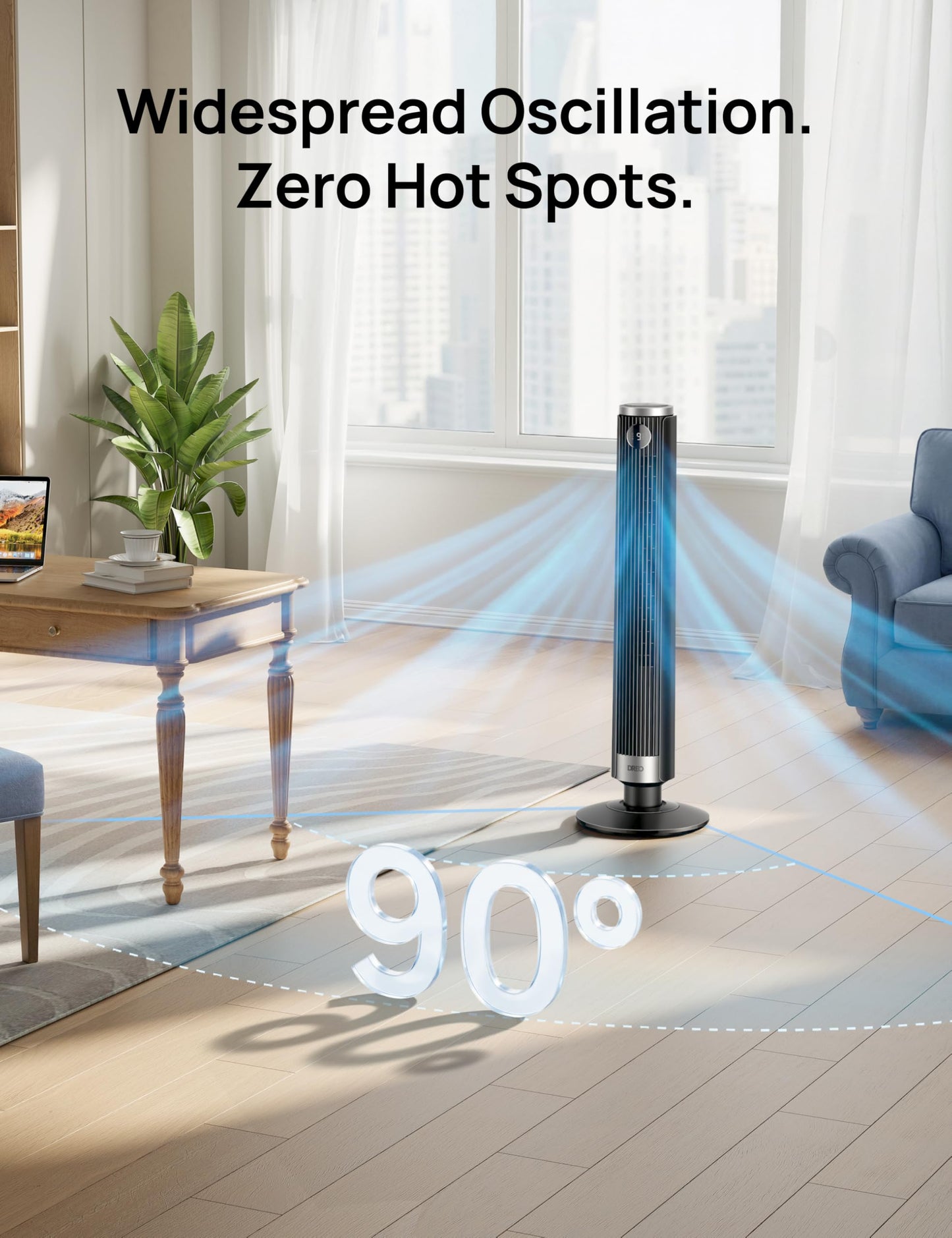 DREO Smart Tower Fan for Bedroom, 40”-45” Adjustable Height, 28 ft/s Velocity, DC Motor, 9 Speeds, 4 Modes, 90°Oscillating, Standing Fan, 20dB Quiet, 12H Timer for Home, Office, Google/Alexa, Black