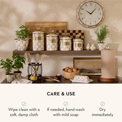 MACKENZIE-CHILDS Enamel Canister, Versatile Kitchen Storage Container for Flour and Sugar, Medium, 48-Ounce Capacity, Brown-and-White Mocha Check