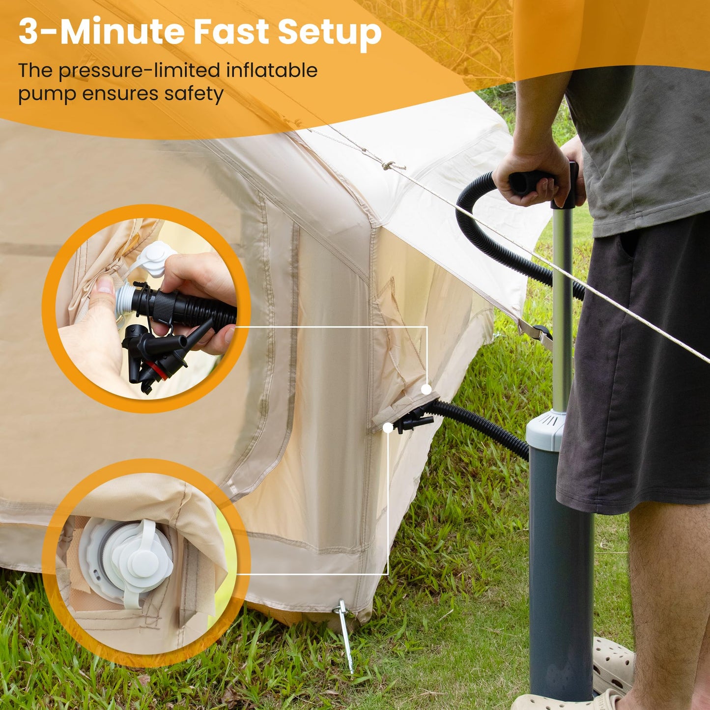 Inflatable Tent for Camping 4-6 Person, Blow Up Glamping Tents with Pump, Quick Setup Cabin Air House with Panoramic Skylight and Front Canopy, Waterproof Oxford Family Outdoor Shelter, Beige