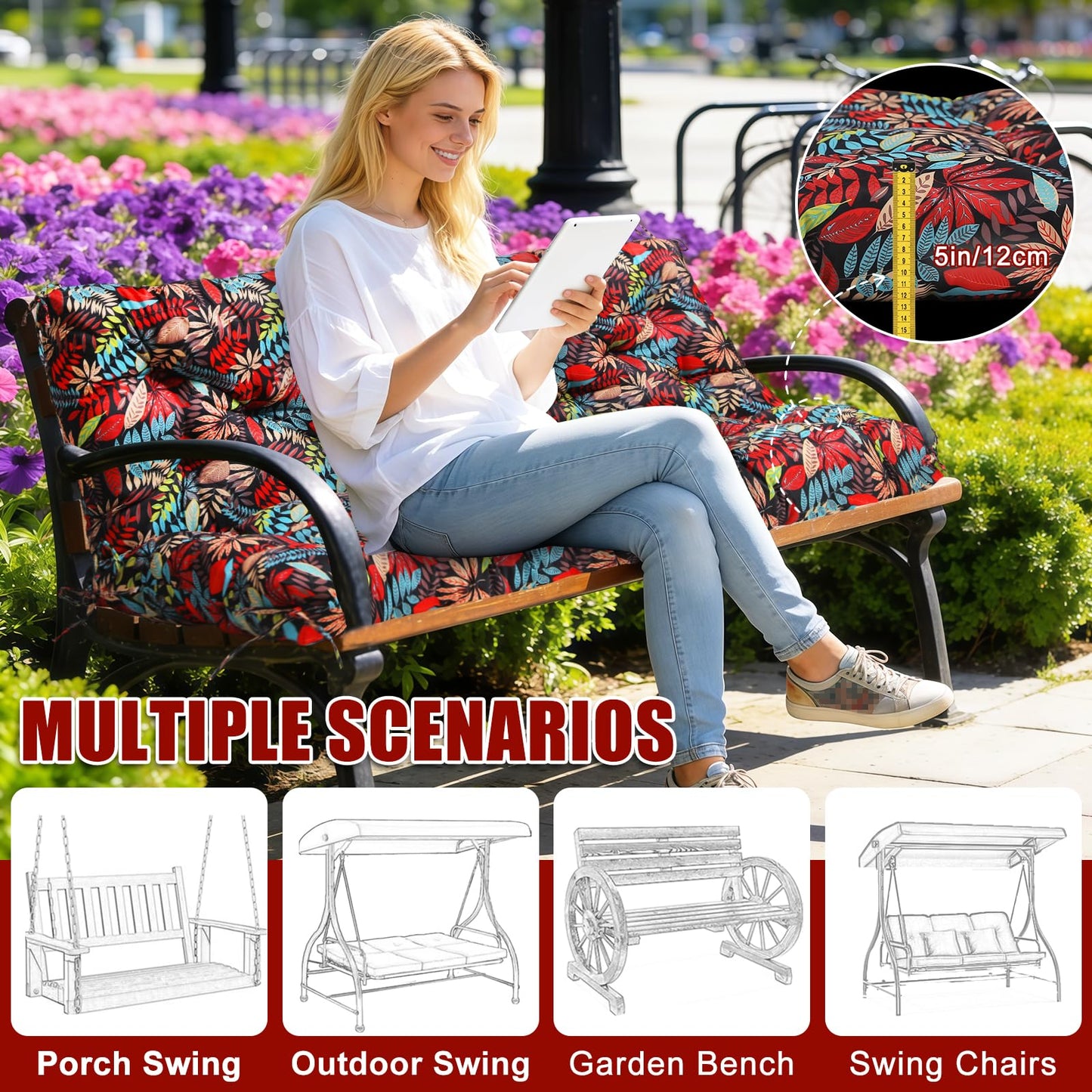 Mokoey Porch Swing Cushions 60 inch Bench Cushion Waterproof Outdoor Swing Cushions 3 Seater Thick 5in Replacement Swing Cushions for Outdoor Furniture Patio (Red Leaves-60x40 inch)