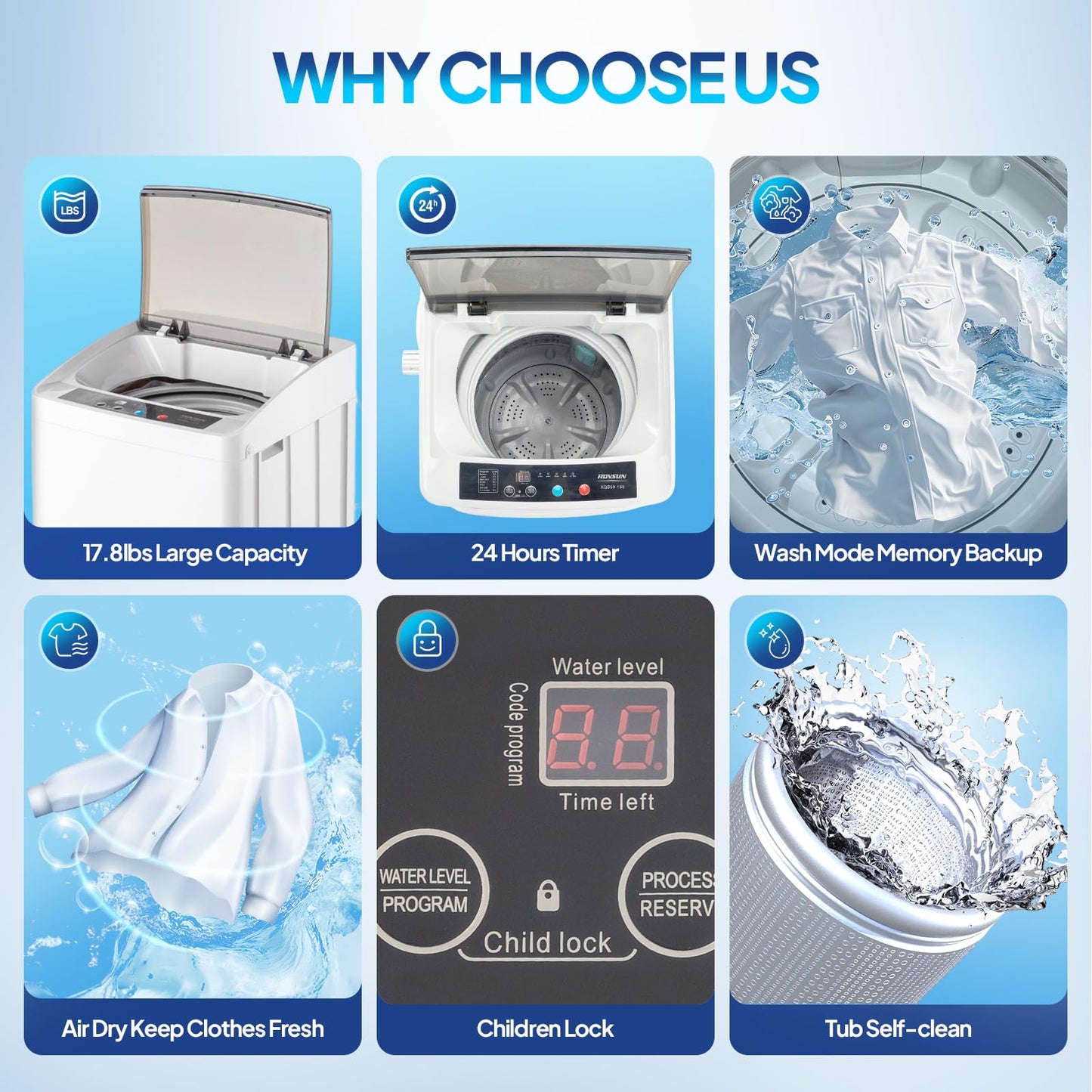ROVSUN 17.8LBS Portable Washing Machine, Full-Automatic Electric Laundry Machine with Stainless Steel Drum, Compact Washer and Spin Dryer Combo with Drain Pump for Apartment, Dorm, Home