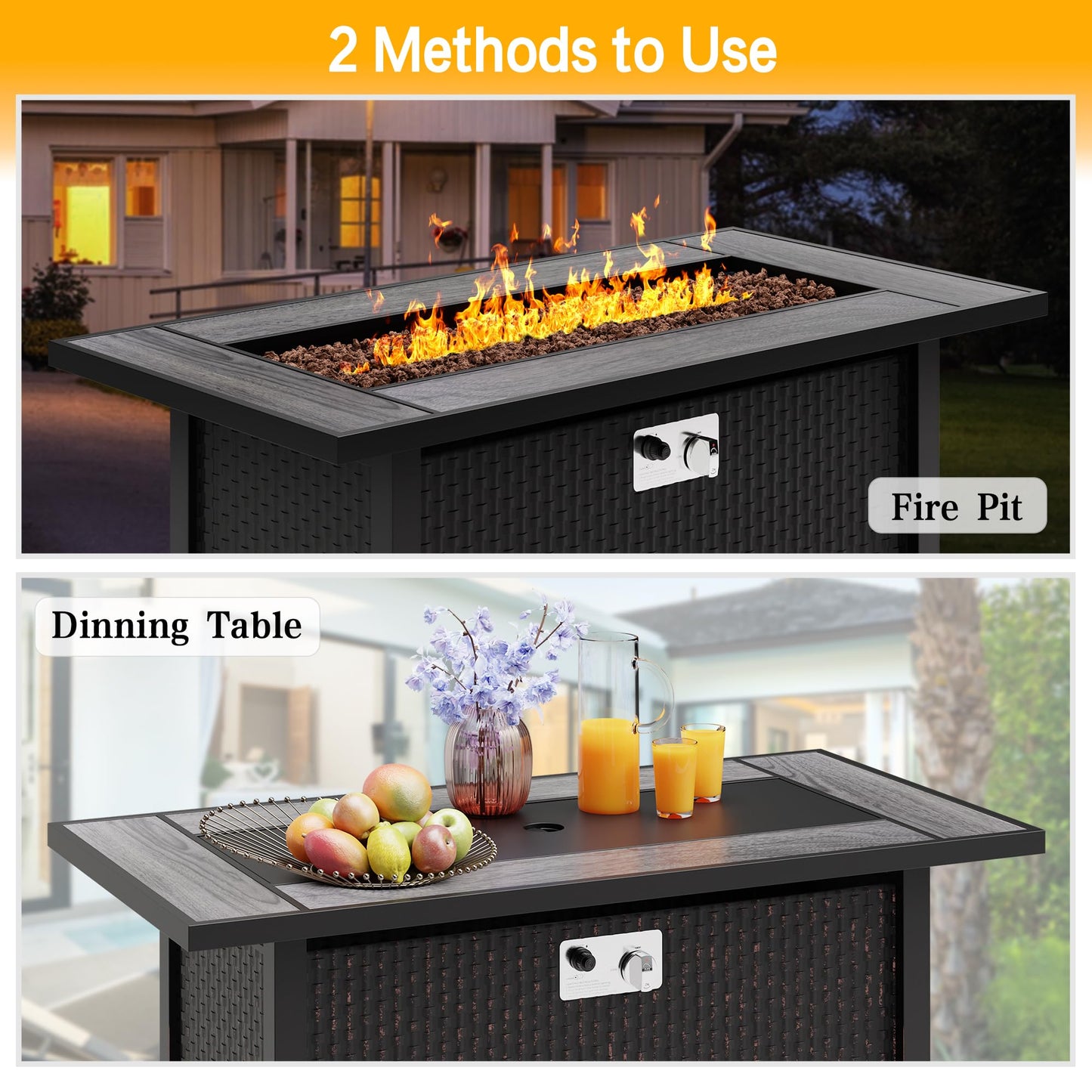 Meilocar 45in Fire Table, Propane Fire Pit with Red Lava Rocks and Rain Cover, Outdoor Firepit Table with Tile Top 50000 BTU 2-in-1 Fire Table for Patio/Yard/Balcony, Gray Tabletop