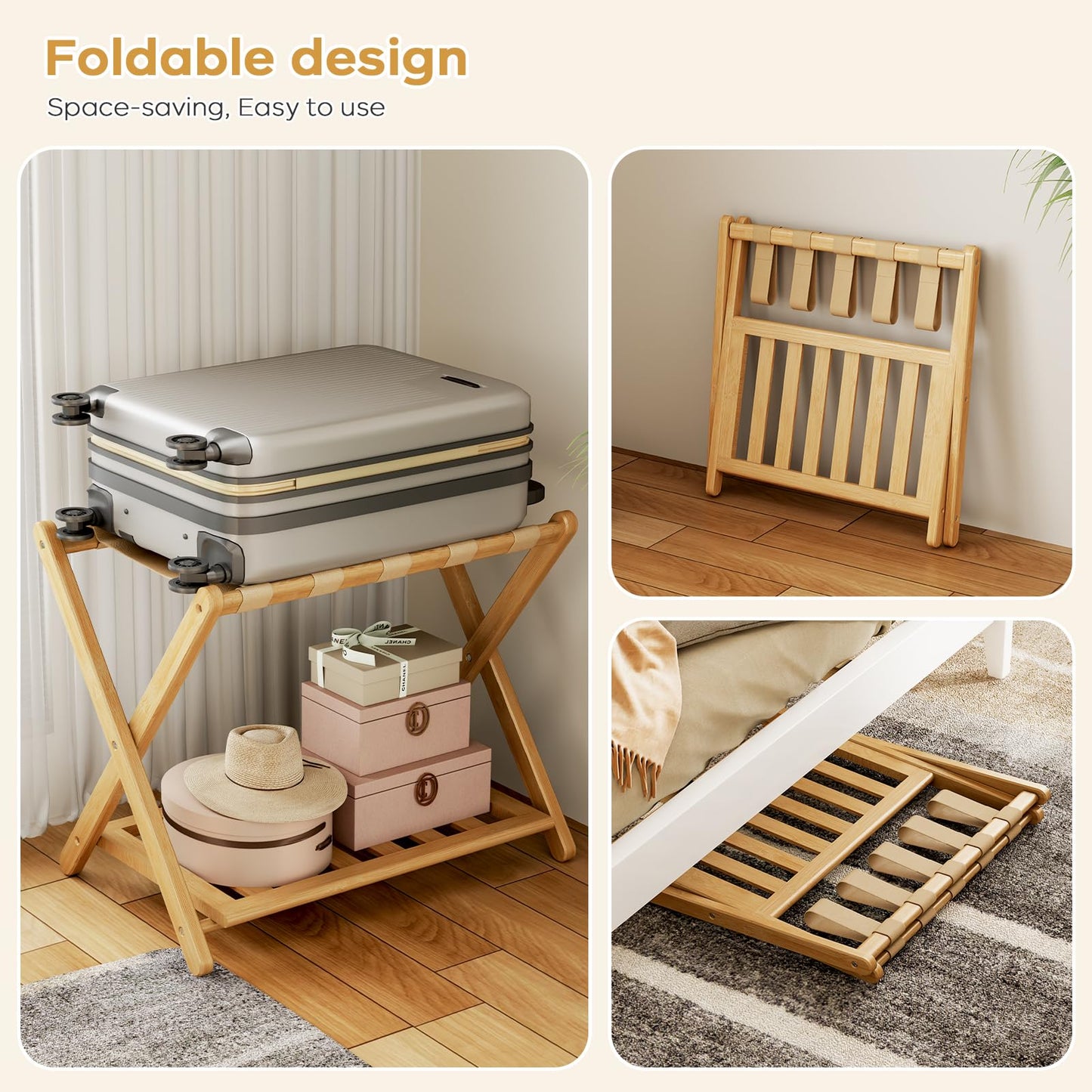 Oakvora Full Assembled 26.77"L Luggage Rack for Guest Room, Set of 2 Foldable Suitcase Stand with 5 Nylon Straps, Luggage Holder with Shoe Shelf for Suitcases Hotel (Natural Wood Bamboo Luggage Stands)