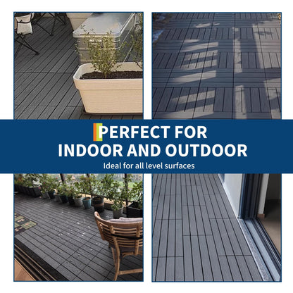 CABIHOME 27pcs 12"X12" Hardwood Interlocking Patio Deck Tiles, Waterproof Composite Wood Patio Flooring Tiles, All-Weather Snap-Together Tiles for Garden Poolside Balcony Porch, Grey