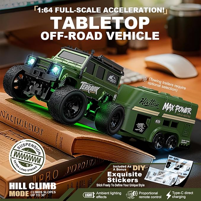 1:64 Scale Mini RC Crawler with Gyro Full Proportional RTR 2.4Ghz Remote Control Truck with RGB Lights (E89-Grey)