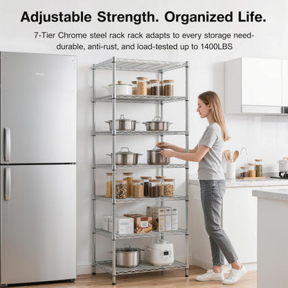 Finnhomy Heavy Duty 7 Tier Wire Shelving, 24x24x72 inches 7 Shelves Storage Rack with Thicken Steel Tube, Pantry Shelves for Storage, Adjustable Metal Shelf Unit, NSF Certified, Chrome