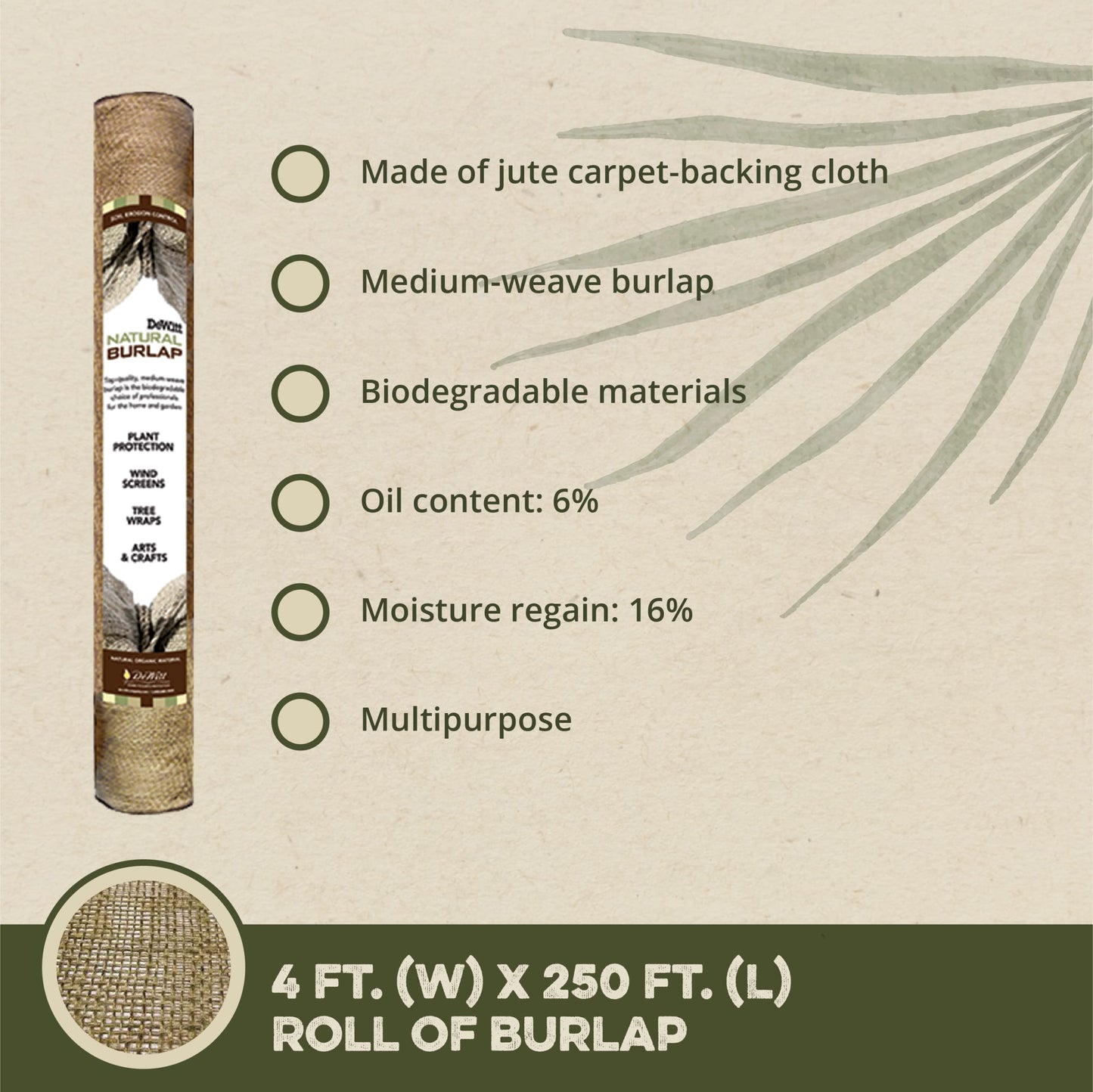 Dewitt Natural Burlap Roll 5.5 oz, 4 x 250 Feet – Medium-Weave Jute Fabric for Soil Covering, Plant Protection, Tree Wraps, Erosion Control, Wind Screens, and Crafts