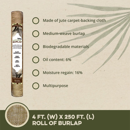 Dewitt Natural Burlap Roll 5.5 oz, 4 x 250 Feet – Medium-Weave Jute Fabric for Soil Covering, Plant Protection, Tree Wraps, Erosion Control, Wind Screens, and Crafts