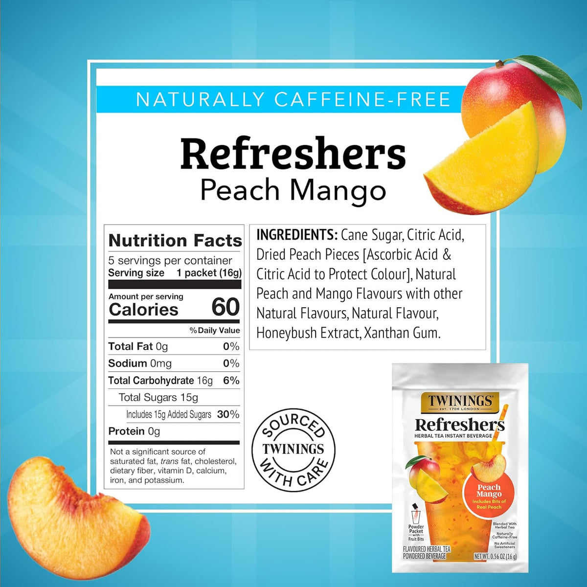 Twinings Peach Mango Herbal Tea | Instant Beverage with Real Fruit Bits | 30 Packets, Caffeine-Free Refreshment