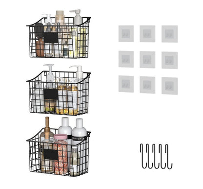 Wall Mounted Bin Basket with 5 Hooks 3 Label Plate Adhesive-3 Pack, Cabinet Hanging Metal Wire Basket,Rustic Farmhouse Decor, Storage Organization Shelf for Pantry Kitchen Bathroom 10.6*7.5*5.1inch