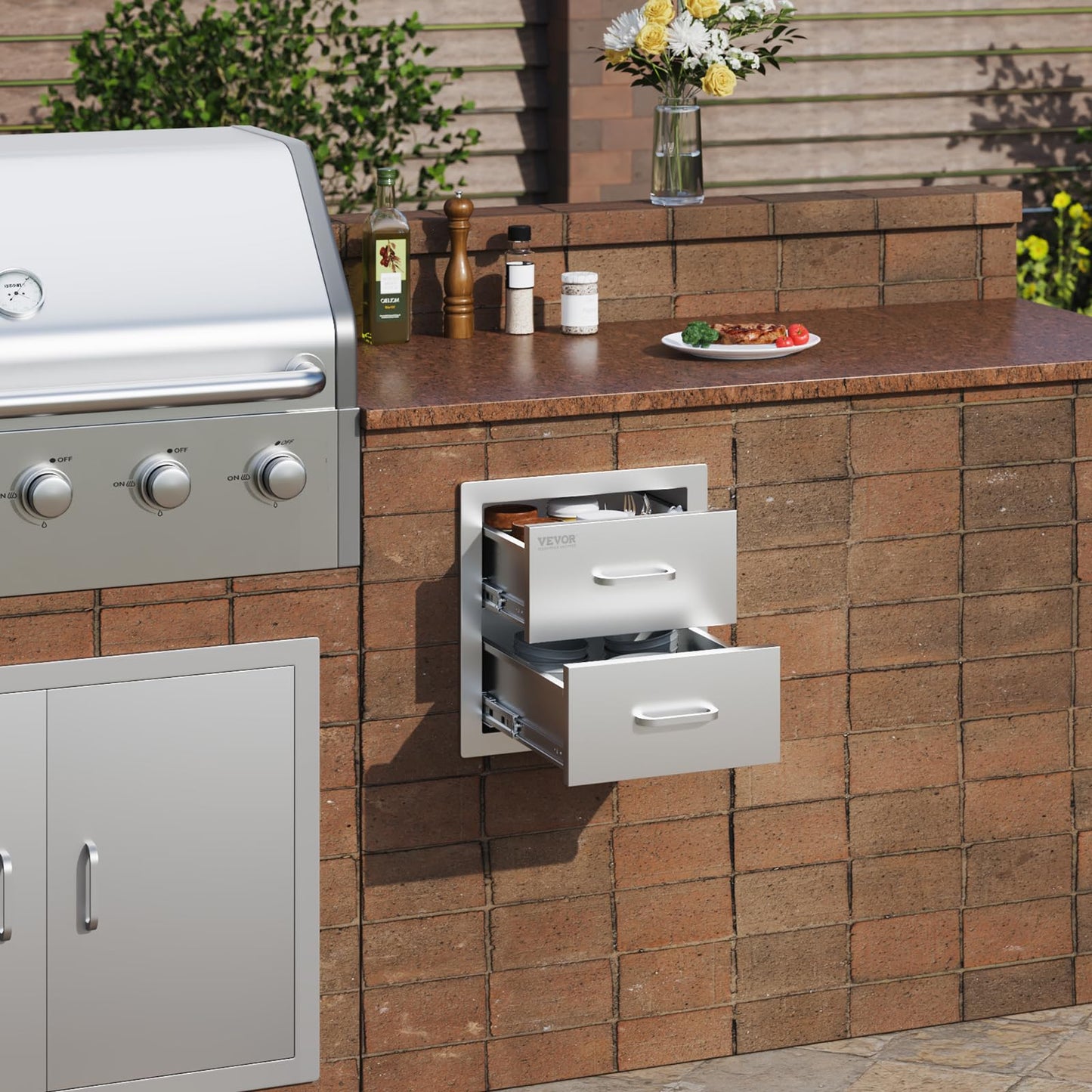 VEVOR Outdoor Kitchen Cabinets 14W x 14.3H x 23D Inch, BBQ Island Drawers Stainless Steel, Flush Mount Double with Handle, BBQ Island for Outdoor Kitchens or Grill Station