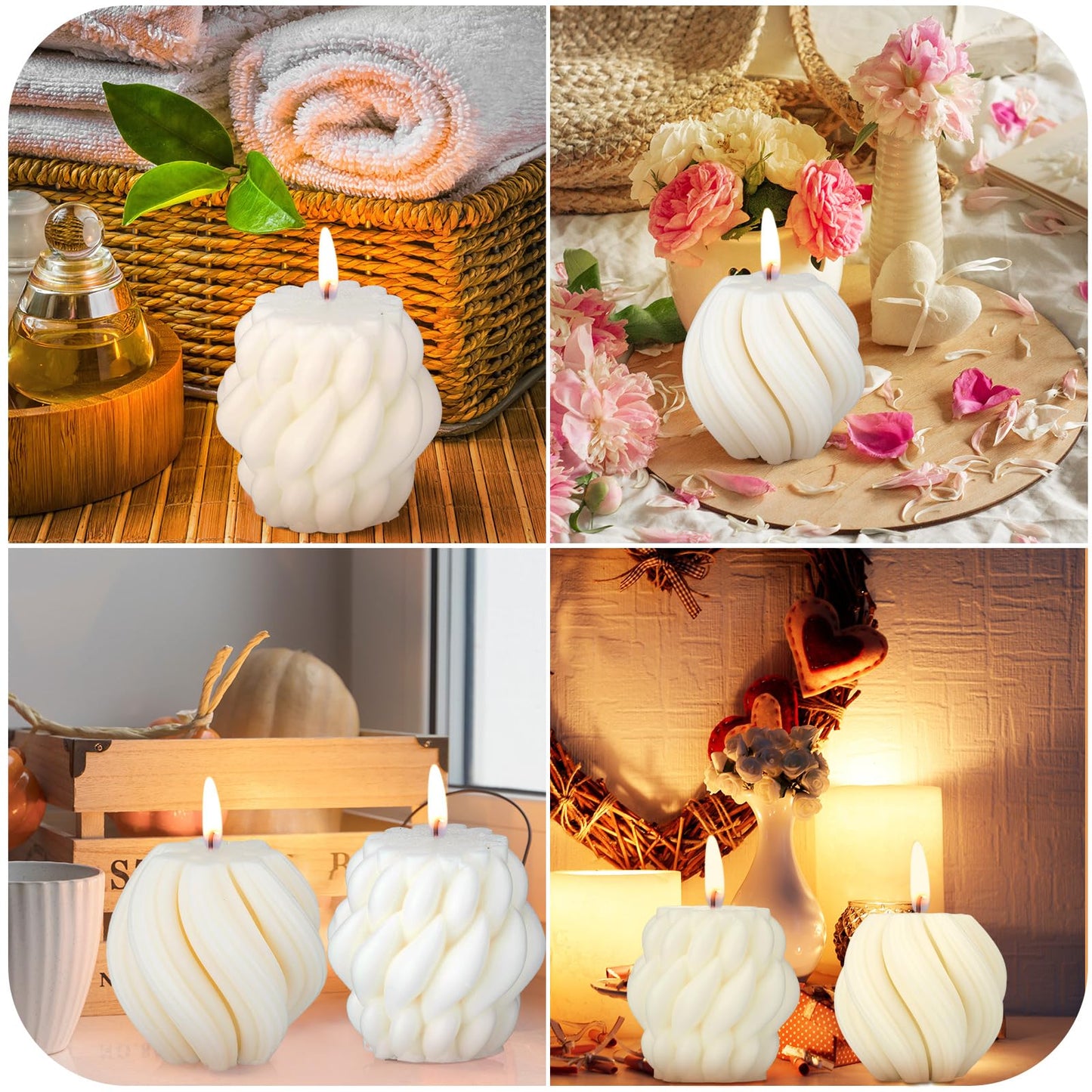 Threlaco 2 Pcs Decorative Pillar Candles Modern Aesthetic Knot Ball Swirl Candles Scented Soy Wax Ribbed Decor for Home Shelf Table Room Decor Christmas Holiday Housewarming Gift