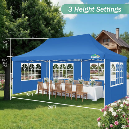 COBIZI 10x20 Pop Up Canopy with 6 Sidewalls, Conical Party Tent 10x20 with 3 Adjustable Height Waterproof, UV-Resistant with Carry Bag, Sandbag, Stake, Ropes for Parties, Commercial (Frame Upgraded)