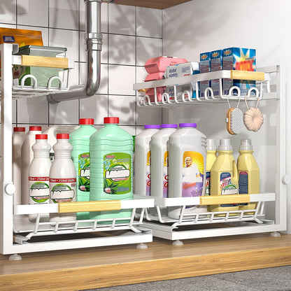 Sevenblue Under Sink Organizer - Height Adjustable 2-Tier Storage Shelf for Kitchen & Bathroom (White, Extra Large)